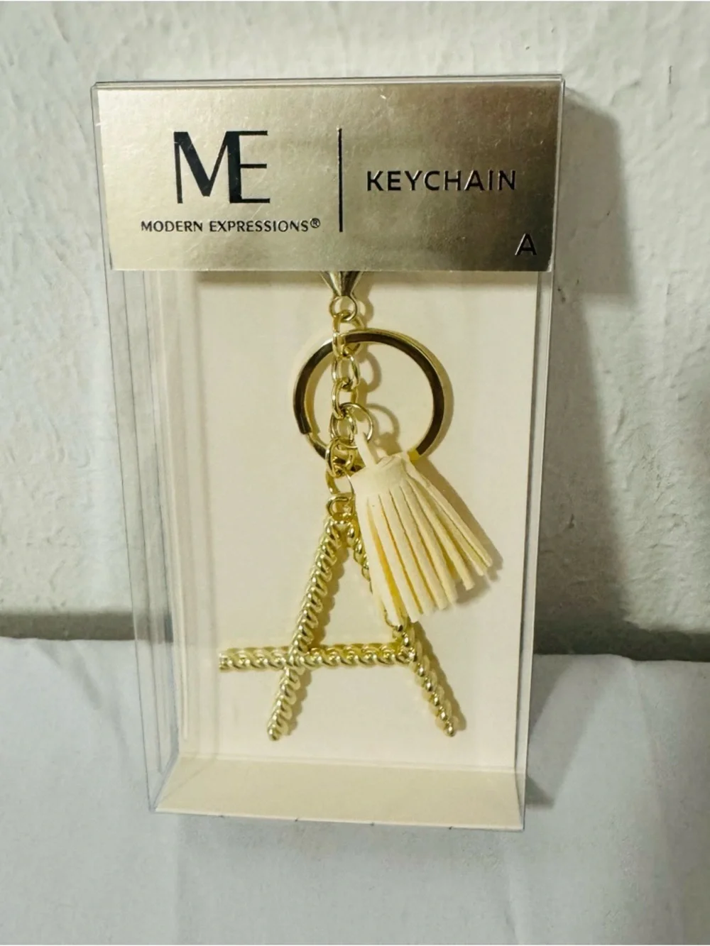 Modern Expressions Gold & Cream 'A' Initial Keychain NEW In Box Accessory Keys